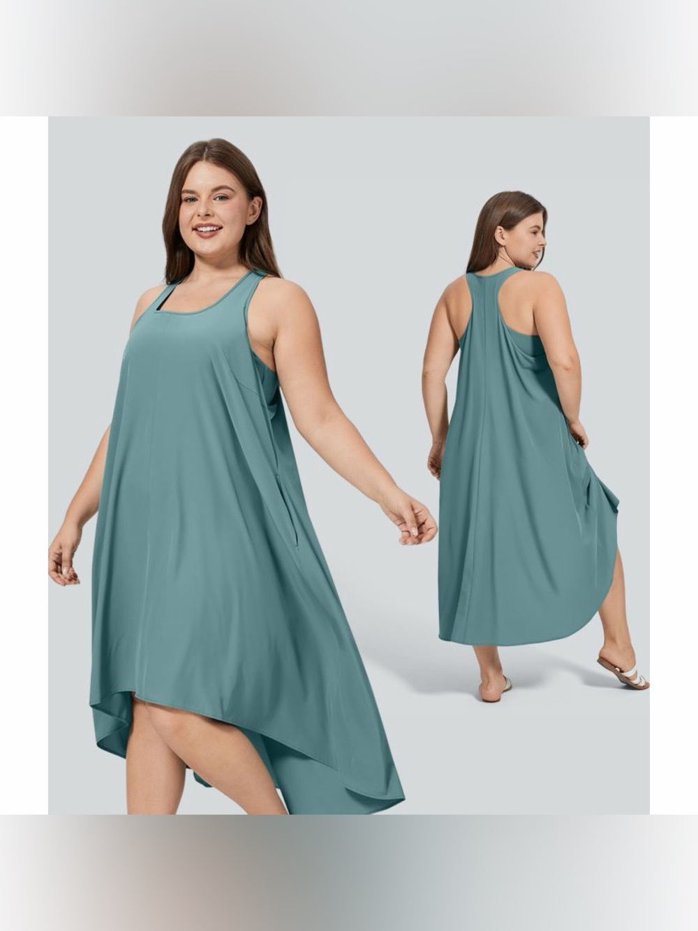 Halara Breezeful Racerpocket High Low Flowy Midi Dress Stone Blue Size XL NWT
